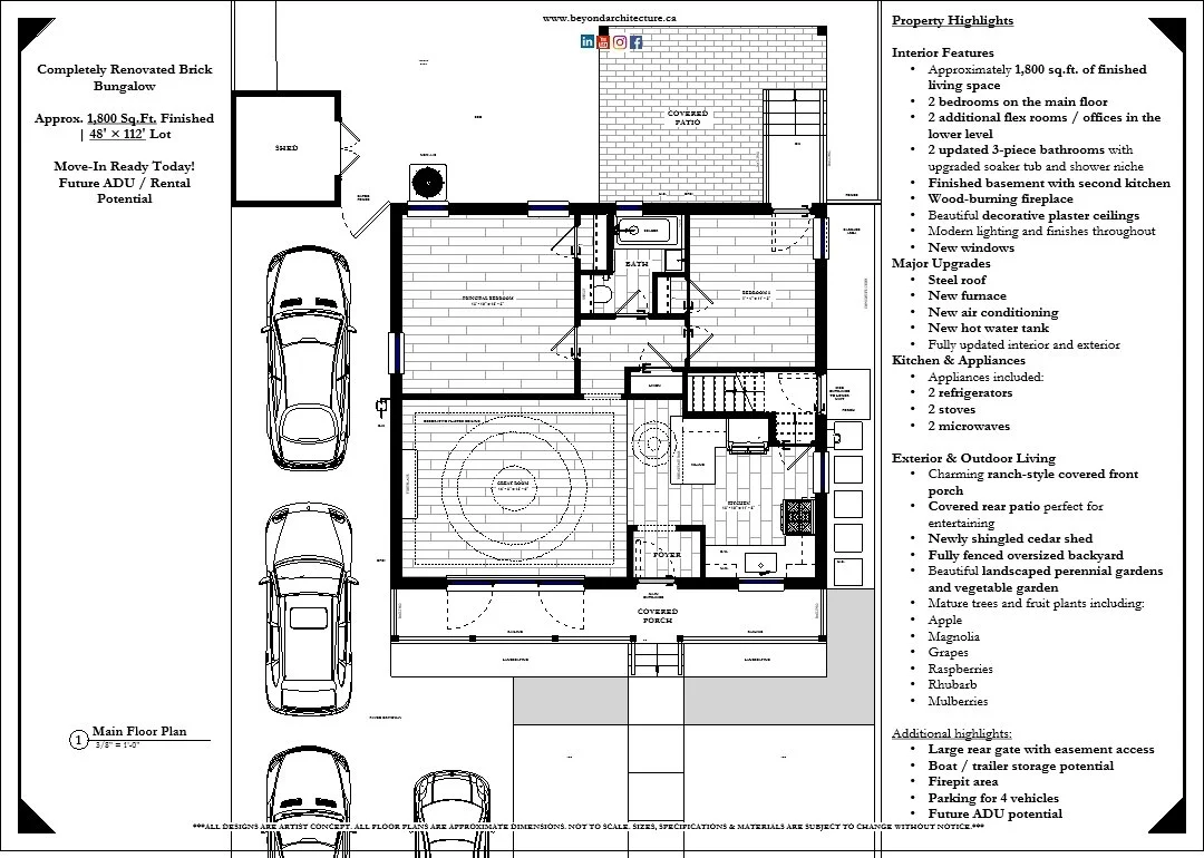 Architectural floor plan of a renovated brick bungalow with property highlights and features listed on the right side, including interior, kitchen, appliances, outdoor living, and upgrades.