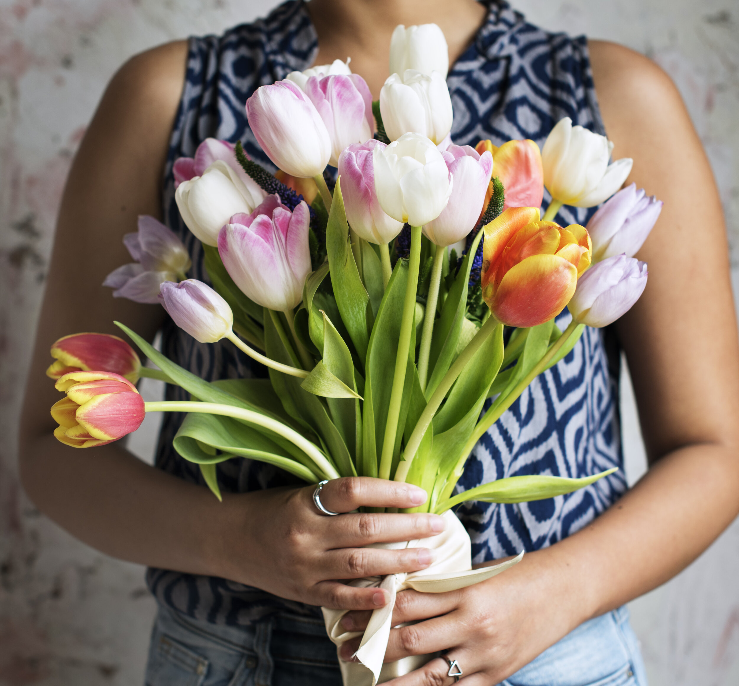 Woman Hands Holding Beautiful Flowers Bouquet