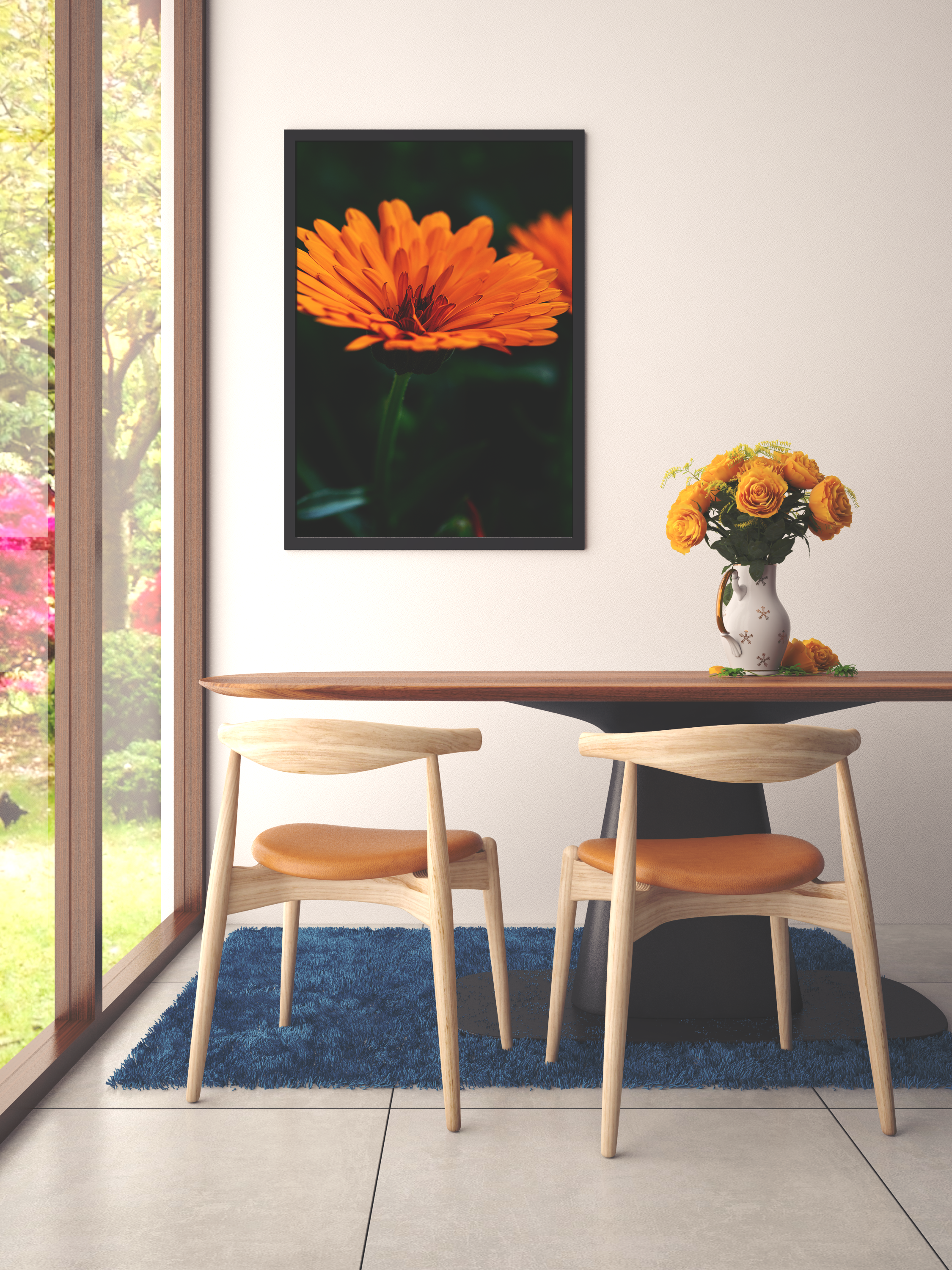 orange flower by dinner table.png