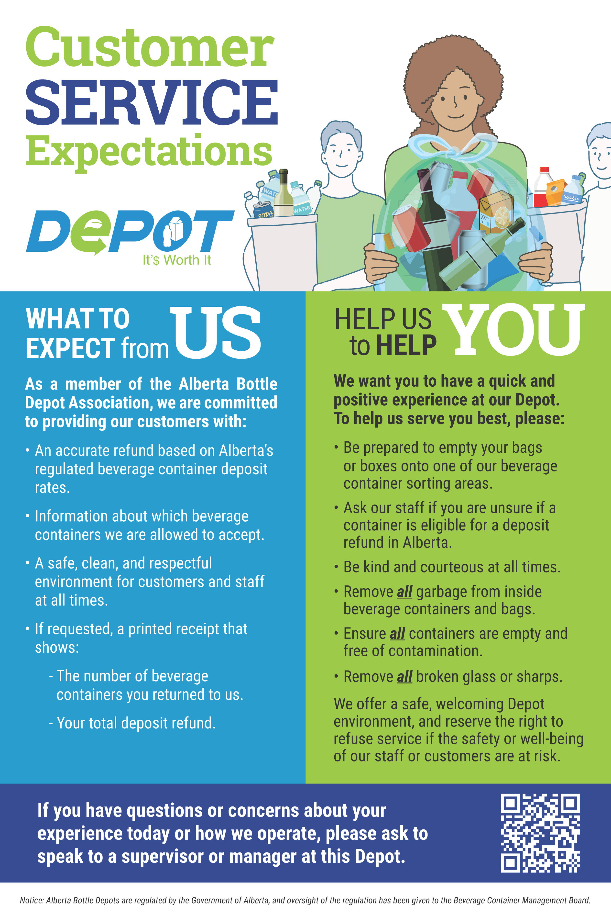 Information poster from Alberta Bottle Depot with customer service expectations, safety tips, and a QR code at the bottom.