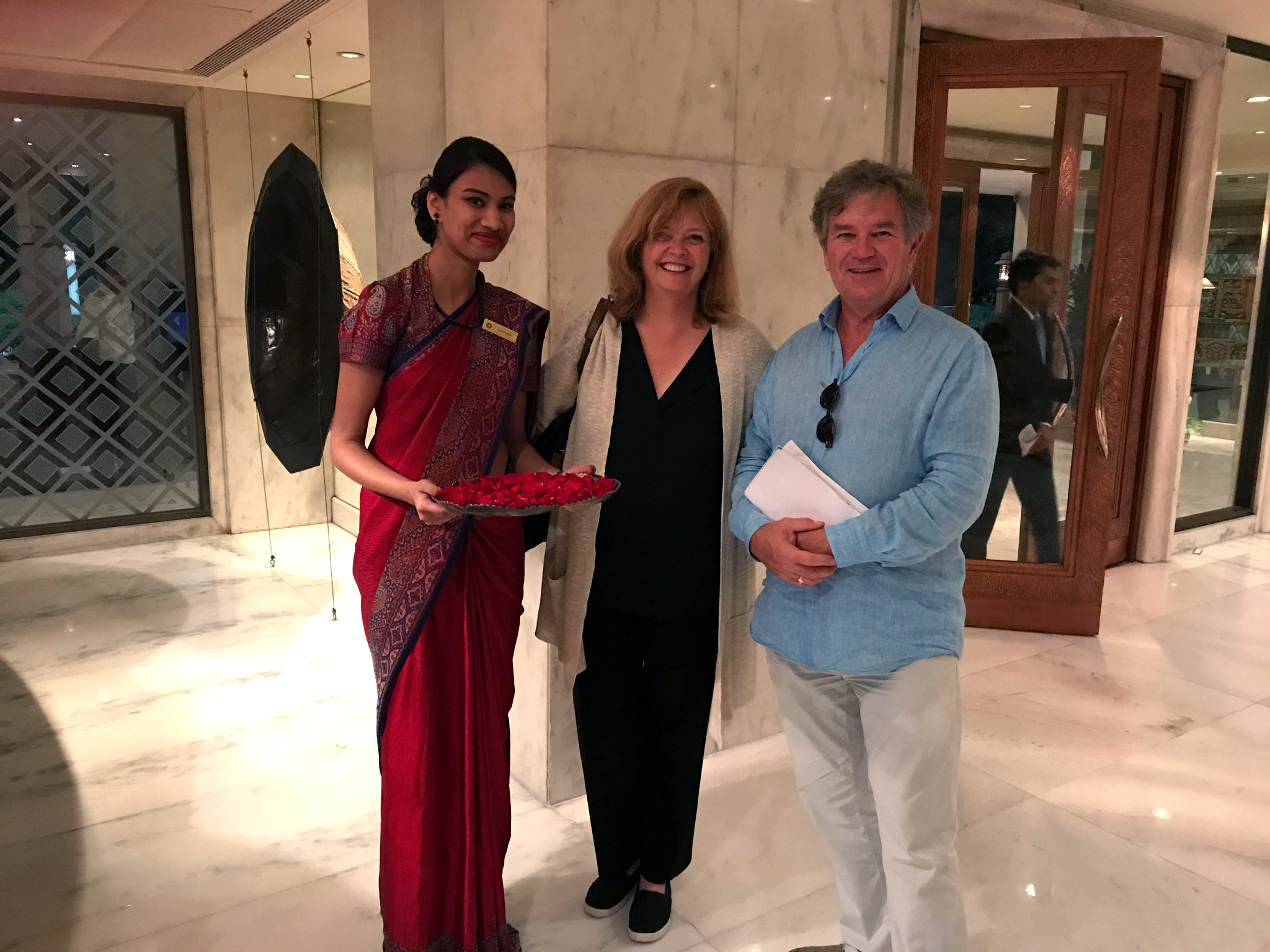 Being welcomed with flowers at the Taj. 
