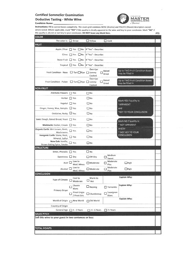 Worksheet for white wines