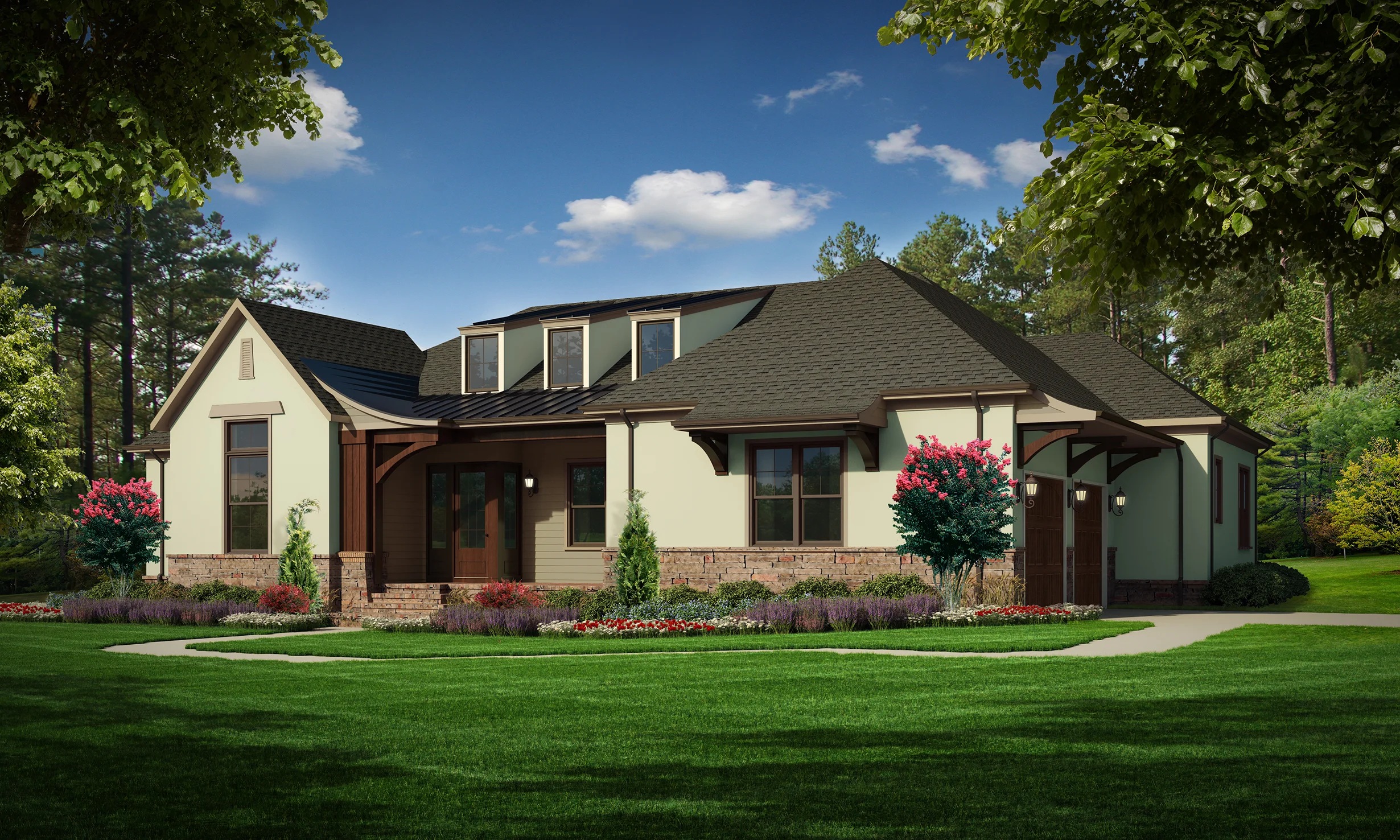 A Option (Stucco) Total SF 3669 sq. ft. Total SF heated 2514 sq. ft. Bedrooms 3 Bathrooms 3 Width: 74’ Depth: 62’-9” Attached two-car garage Porches: Covered front porch, Covered back porch