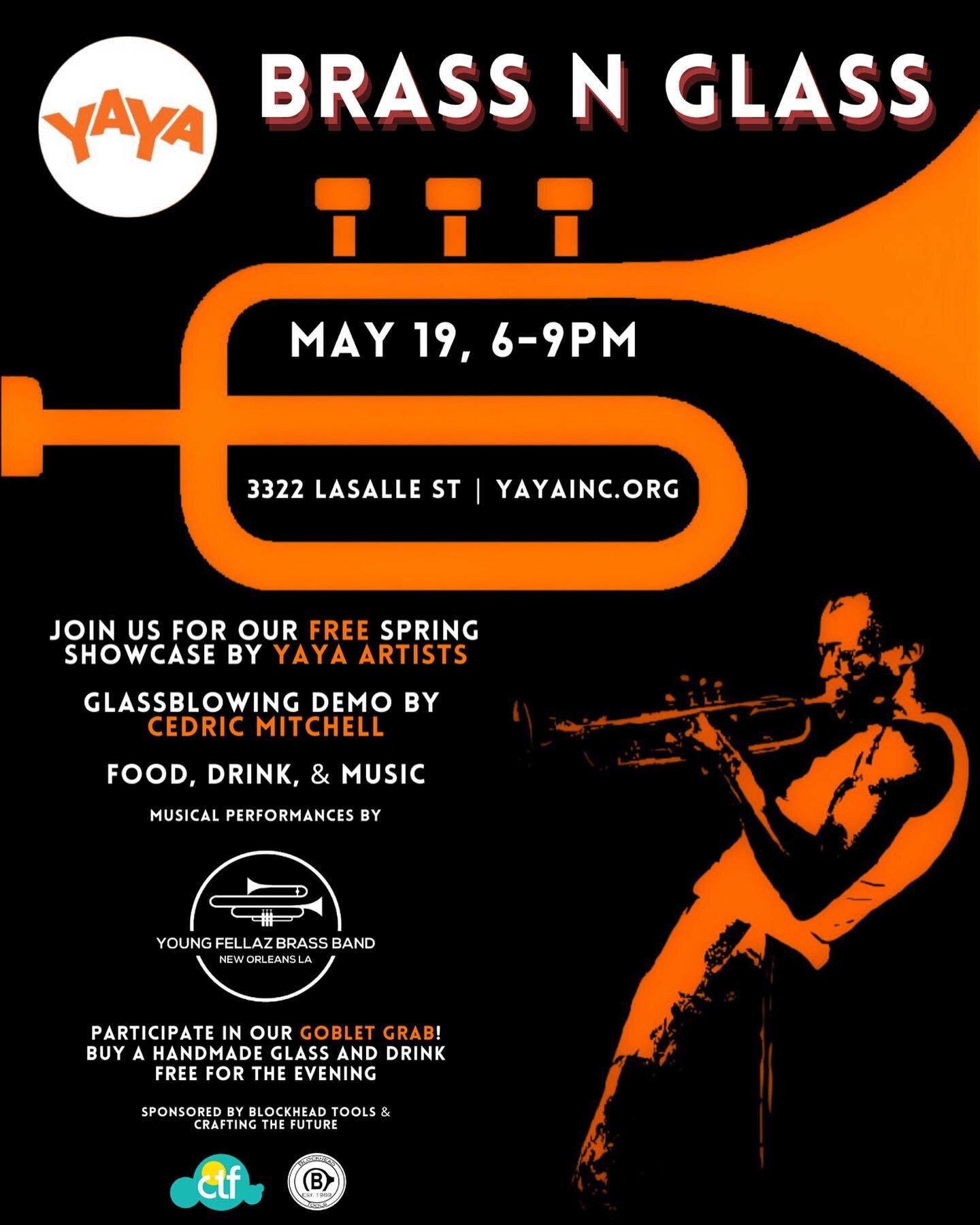 You&rsquo;re invited to Brass N Glass!
YAYA&rsquo;s FREE annual fundraiser 🎺 

Join us on FRIDAY MAY 19th, from 6-9pm for food, drink, and music by @youngfellazbrassband !

Don&rsquo;t forget about our Goblet Grab!
Buy a handmade glass and drink FRE