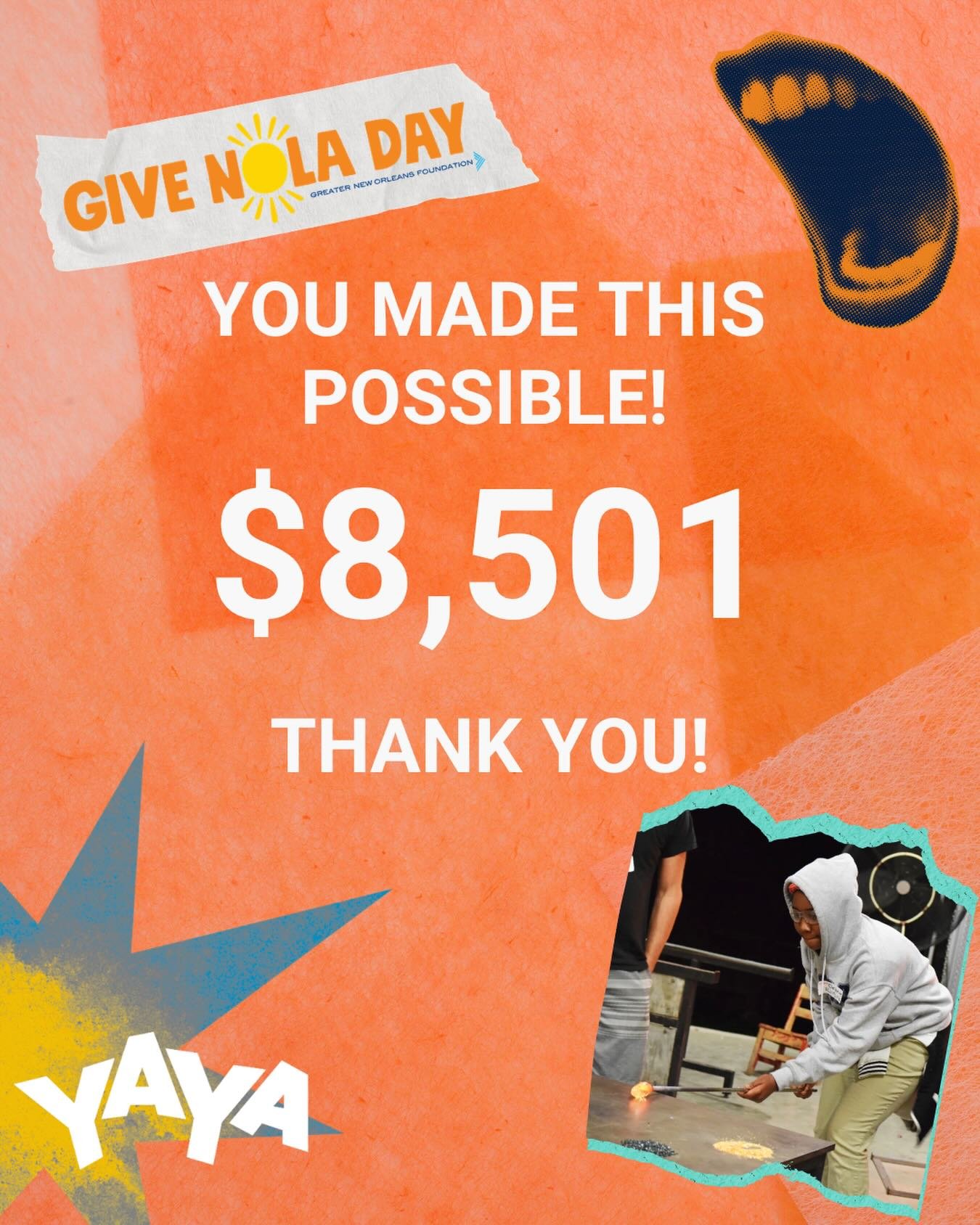 $8,501 raised on GiveNOLA Day🎨💛

Thank you to everyone who donated, shared, reposted, texted a friend, or helped spread the word today.

This community continues to show up for young artists in meaningful ways, and we&rsquo;re deeply grateful for t