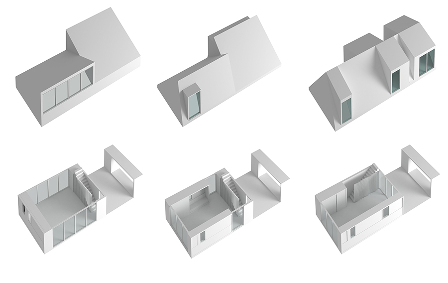 To increase the amount of customization, the base building components remain the same but can be reconfigured to accommodate different roof shapes and interior spaces.