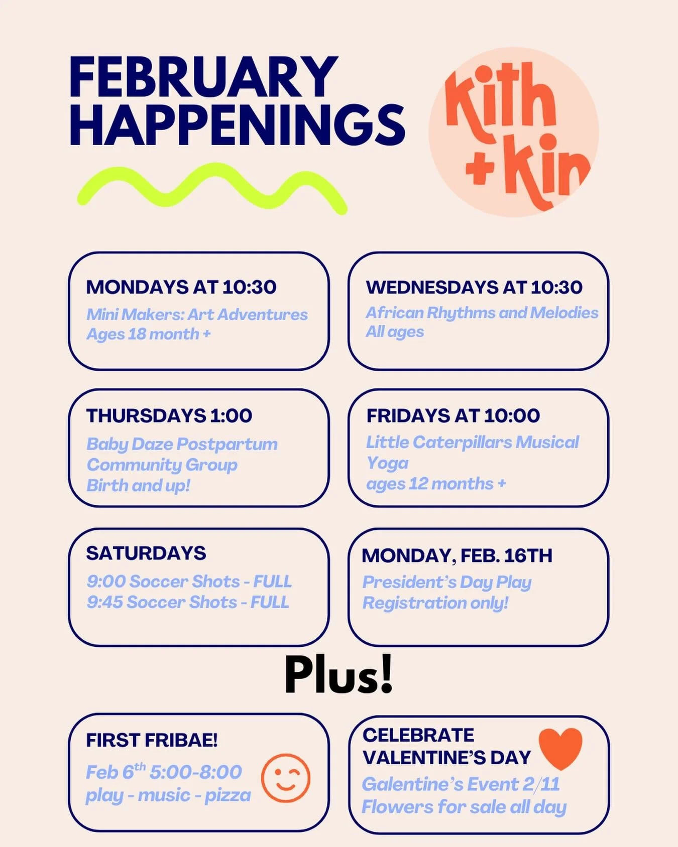 We made it through January ya&rsquo;ll!! Is it just us, or was that a very long month?? 

Welcoming February with a big old hug, and hoping to see you for play, a class, support group, or happy hour! Winter is still raging, but it&rsquo;s a little ea