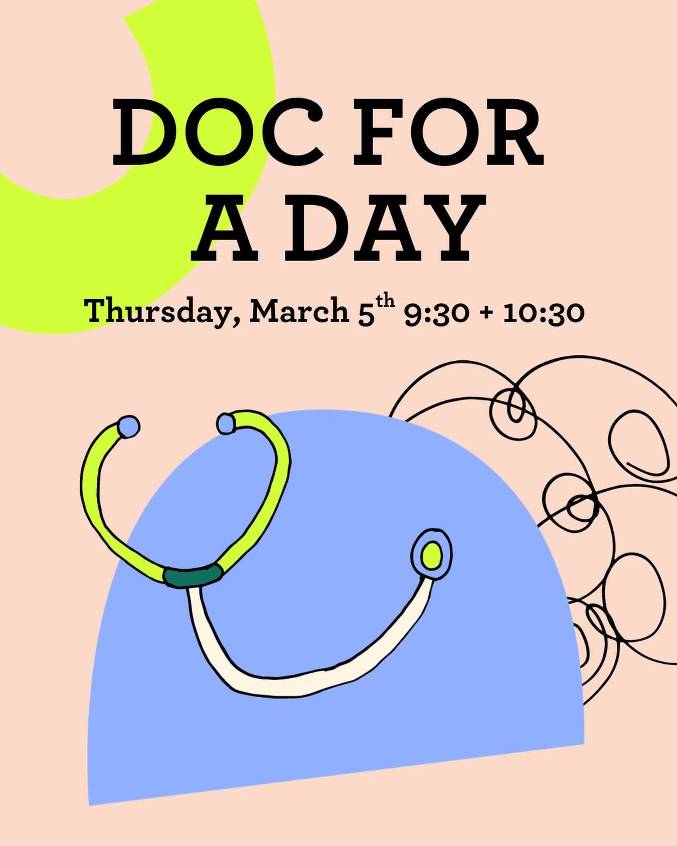 Bring your special stuffed animal or love item to be a Doctor for a Day this Thursday!
&nbsp;
Doc for a Day is a FREE play opportunity with the Child Life interns of CHOP that:
Allows children to explore medical equipment in a non-threatening manner
