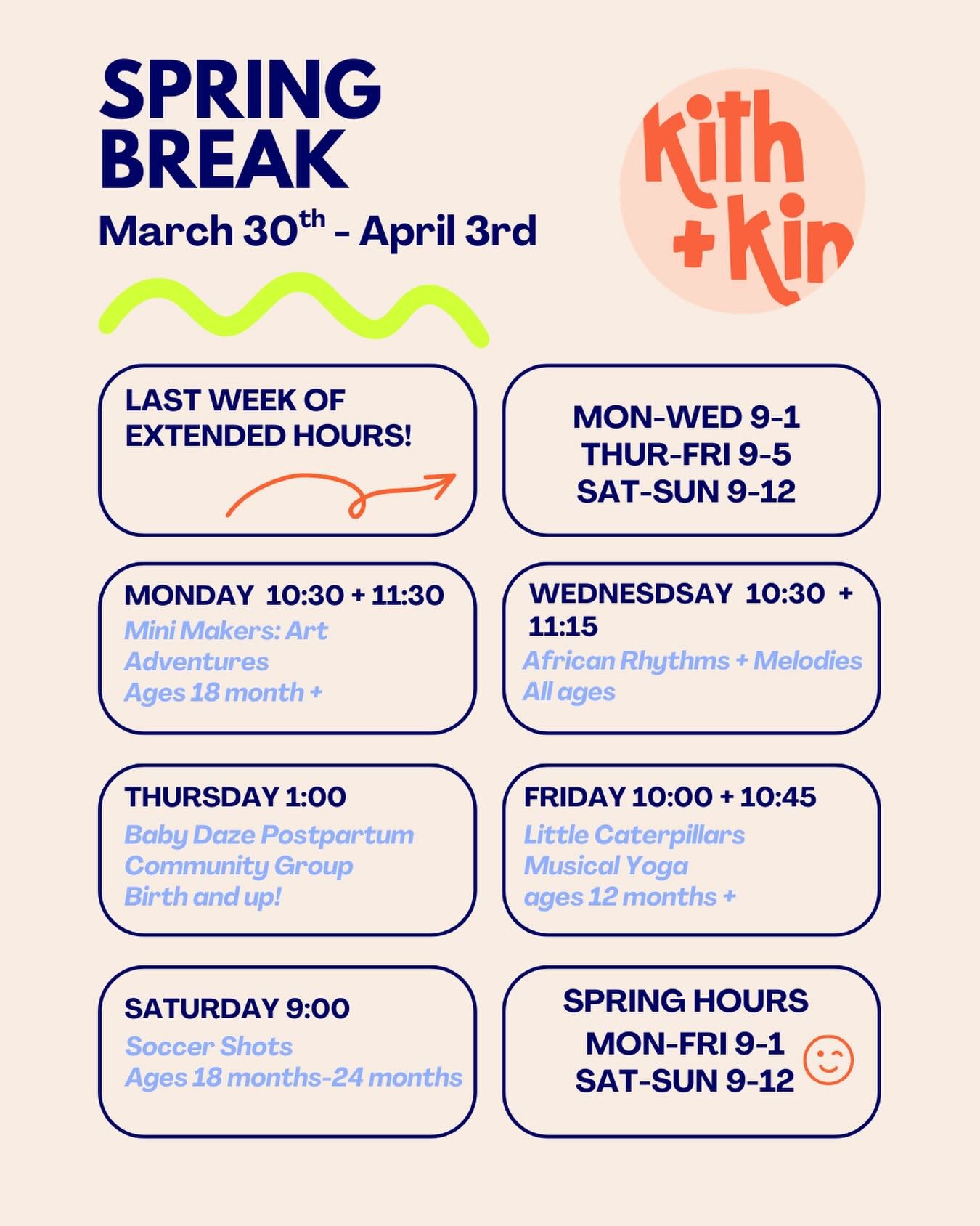 Spring Break is comingggg, hang with us all week with double the classes for all our friends who don&rsquo;t usually get to us during the week! This will also be our last week of extended hours for the season! As the weather gets nicer, we know it&rs