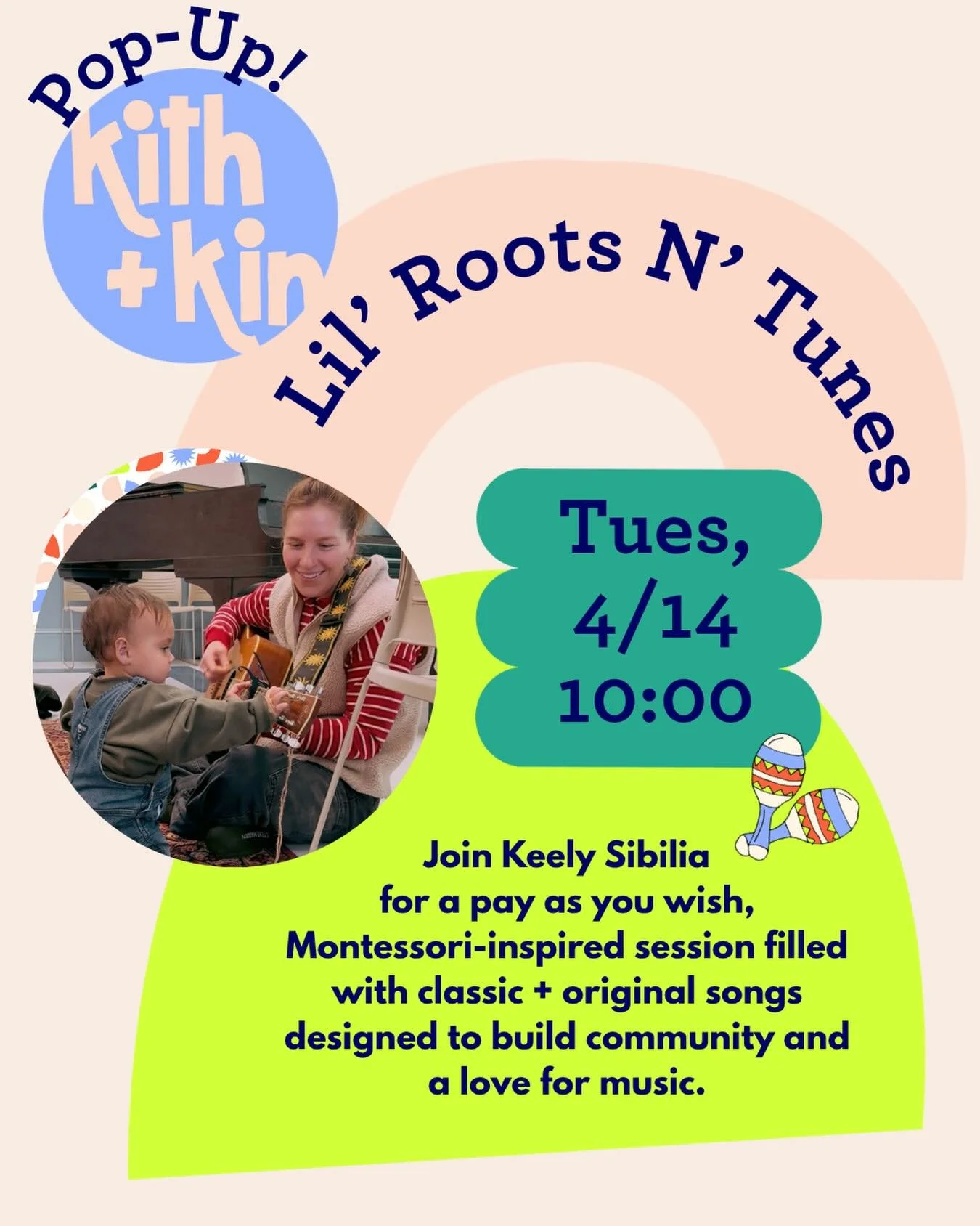 Can&rsquo;t wait to welcome @lilrootsntunes to our space next Tuesday for a pop up music class featuring her original music and some favorite classics too!

The class has a Montessori flare including lessons involving nature, emotions, hand coordinat