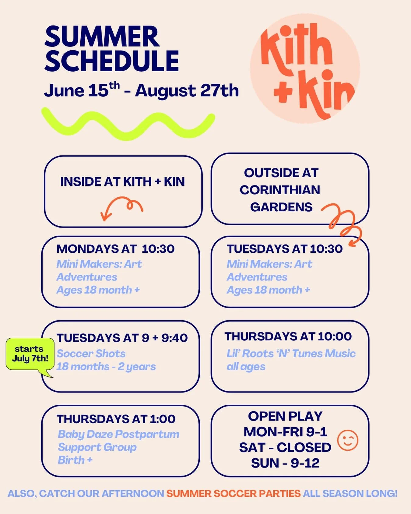 It&rsquo;s heeerreeee. Our summer class schedule starts the week of June 15th! We have classes inside and out (in the very dreamy Corinthian Gardens 🌸) Join for art, music, soccer, postpartum support, and of course, World Cup celebrations! Grab your