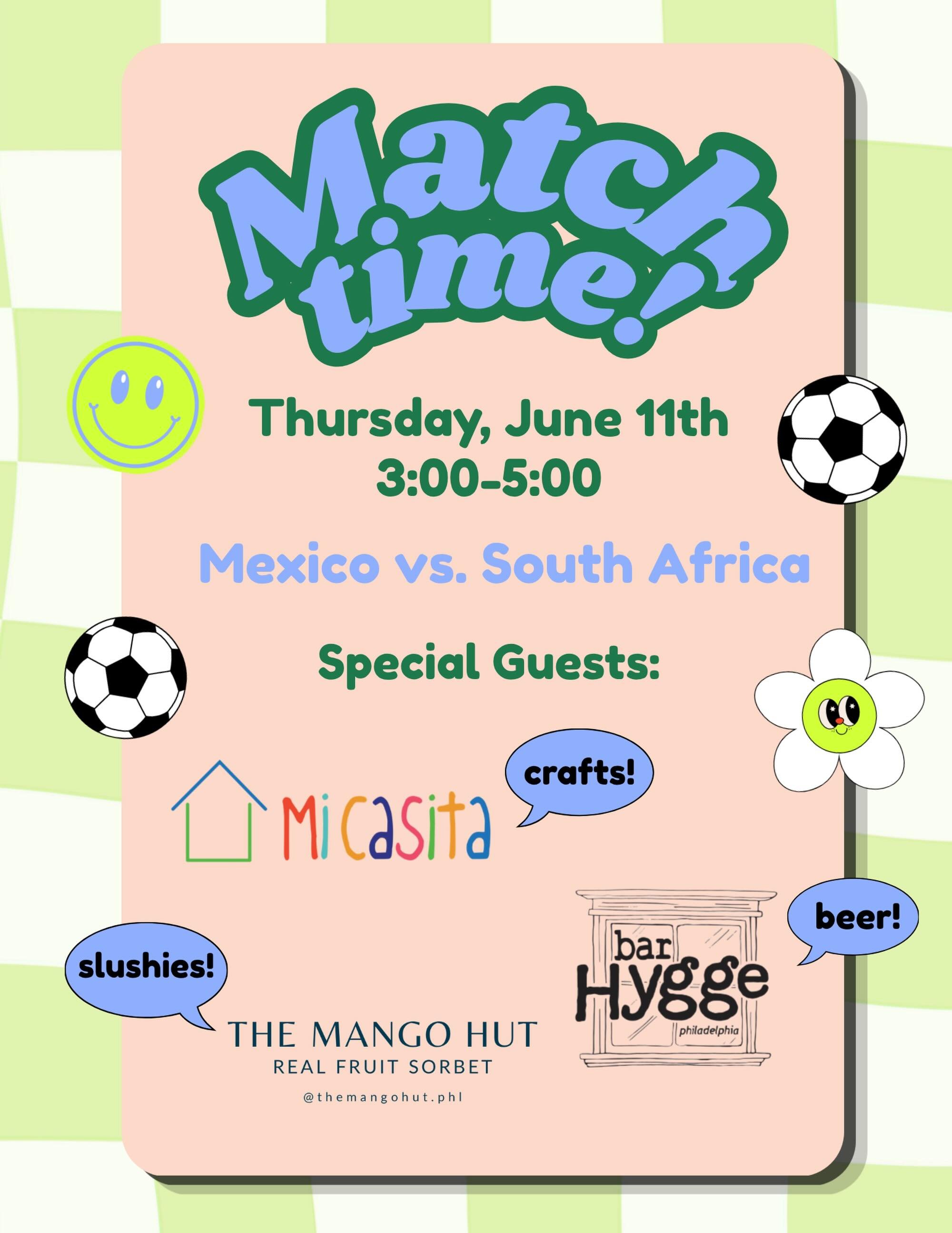 Tomorrow&rsquo;s the day! ⚽️🎉 Our first Soccer Party of the season is here! We&rsquo;ll have play, snacks, big screen viewing, PLUS

We&rsquo;ve got some special guests joining us to help bring the fun:
🍋 Mango Hut will be upstairs serving their de