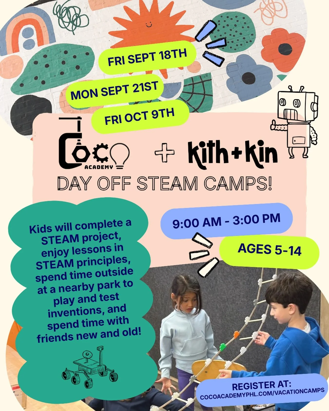 Hey big kids, we got big news!

We are so excited to announce a brand-new collaboration with @cocoacademy_phl &mdash;Philly&rsquo;s very own award-winning maker space! We&rsquo;re combining Kith + Kin&rsquo;s signature, child-led play environment wit