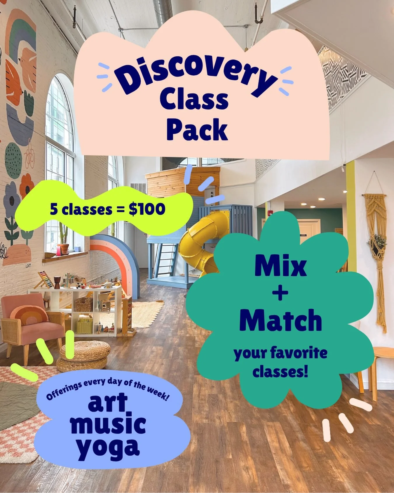 Introducing&hellip; The Discovery Class Pack! Love a class, or two, or three that we offer? We are now offering a 5 class pack includes ALL of our weekday classes, so you can mix and match as you please! This pack is valid for three months, so you ha