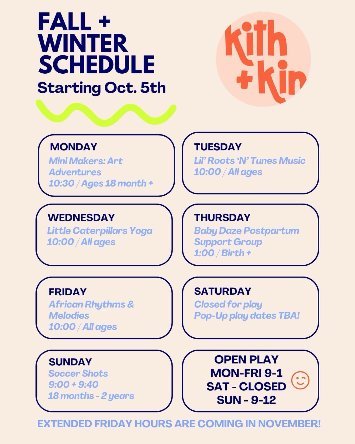 We are SO excited to get this season started with you! Join us for play or catch us for a class, and keep a lookout for more info on extended hours and our beloved FriBae coming soon!!