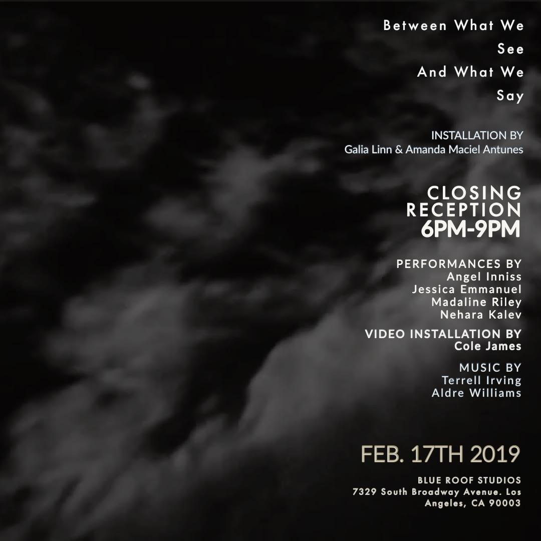 February 17th, 2019 CLOSING RECEPTION // Between What We See and What We Say A multidisciplinary installation and performance conceived and produced in collaboration between Amanda Maciel Antunes and Galia Linn . We will be joined by Los Angeles-based artists who will be performing and activating this immersive installation and its surroundings throughout the evening. PERFORMERS AND ARTISTS: Angel Inniss Jessica Emmanuel Madaline Riley Nehara Kalev Video Installation by Cole Jupiter James Musical reception by Terrel Irving and Aldre Williams