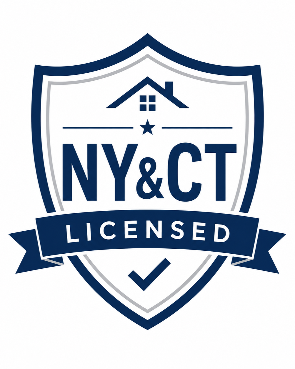 A badge design featuring a house icon, star, and checkmark with text indicating NY and CT licensed.