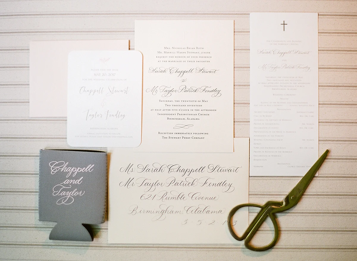 Invitation suite and koozie / Grace Calligraphy