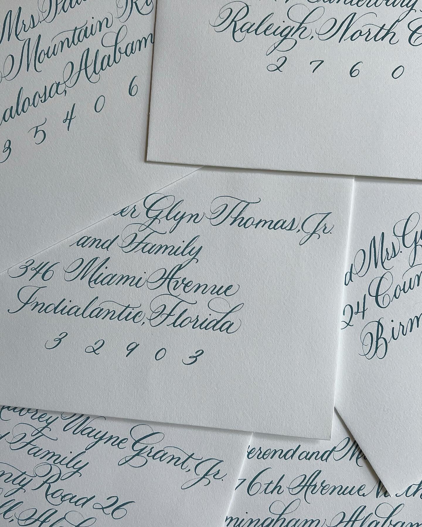 Custom ink on plush cotton letter-pressed envelopes.  I worked with this client when she was Mother of the Bride and honored to have earned her business again as Mother of the Groom. 

Envelope addressing will always be the backbone of my calligraphy