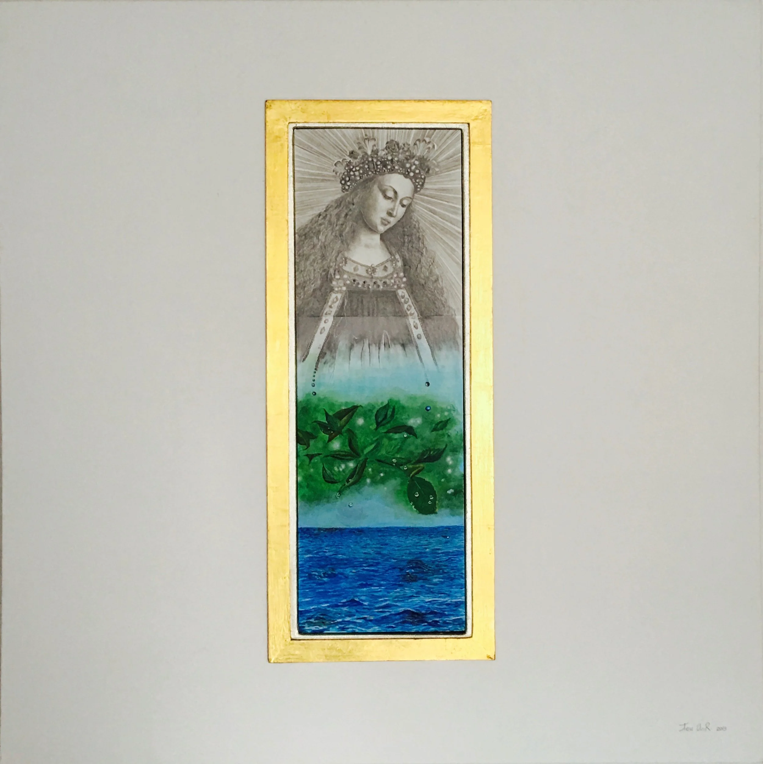  Eve, Sky, Ocean &amp; Leaves  2015  Pencil on Paper &amp; Oil on Canvas  36 x 36 