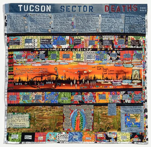 “TUCSON SECTOR 2001-2002, 163 deaths” made by Cornelia Bayley of Green Valley, Arizona, 44.5″ h x 47″ w.