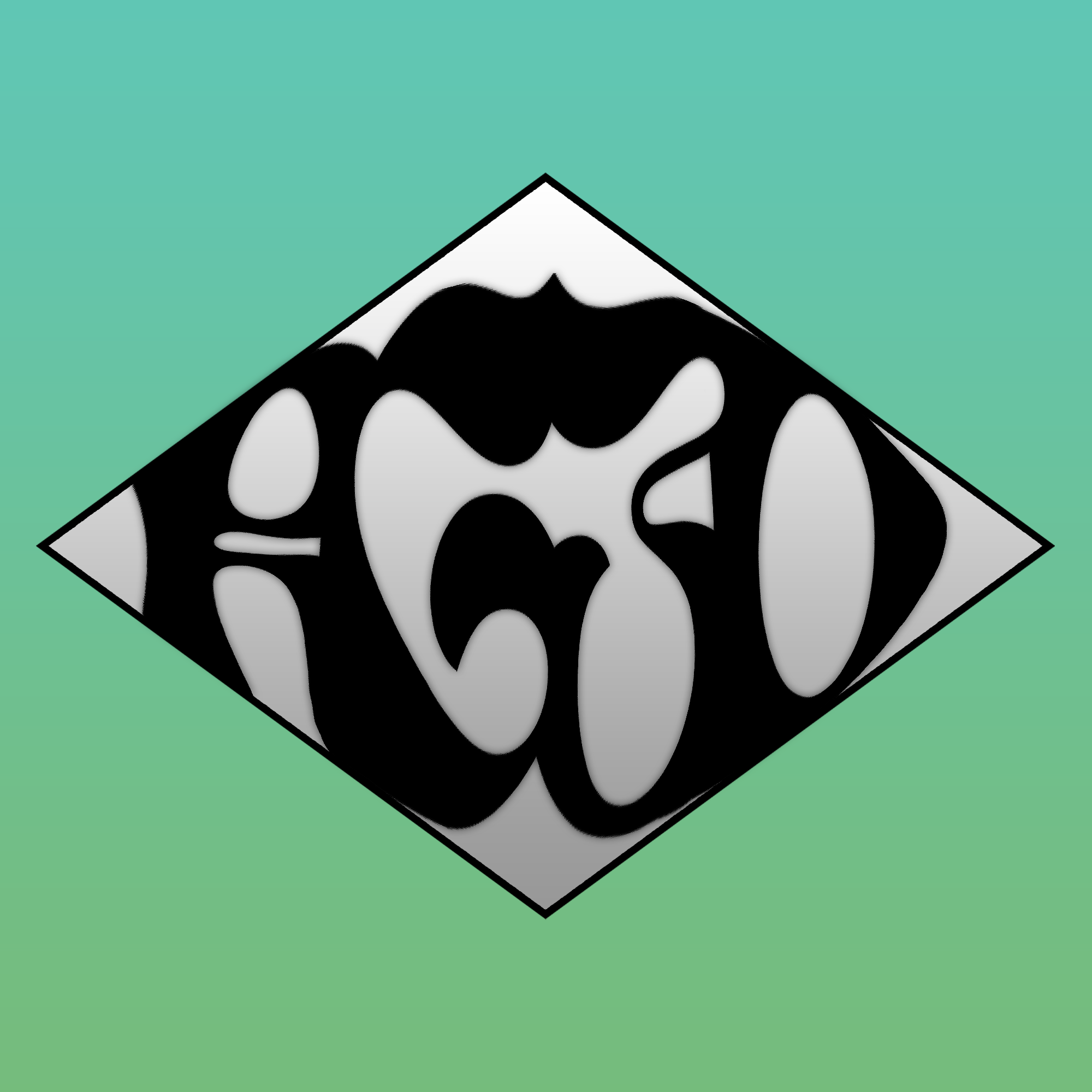 Abstract black and white design resembling a face or animal within a diamond-shaped frame on a gradient green background.