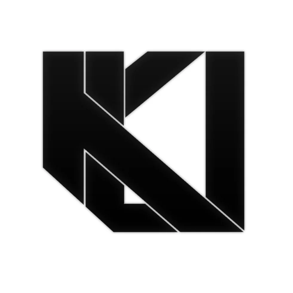 A black and white geometric logo with an abstract design resembling a 3D cube or letter K.