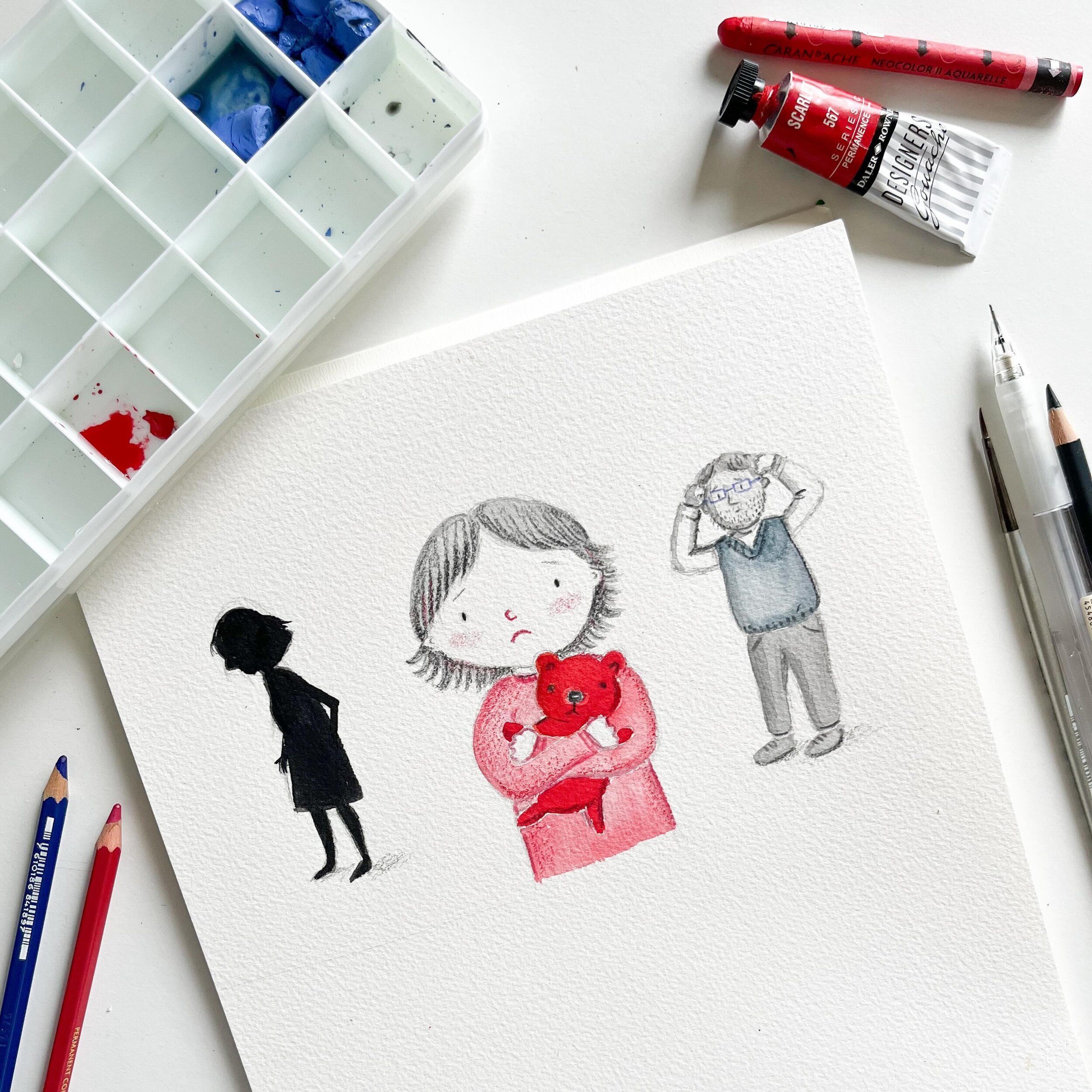Colour testing for current picture book project about Post-partum depression written by @maegan.blackwell 
.
As someone who has suffered postpartum anxiety and panic attacks after having my baby, I resonated with Maegan’s manuscript and felt th