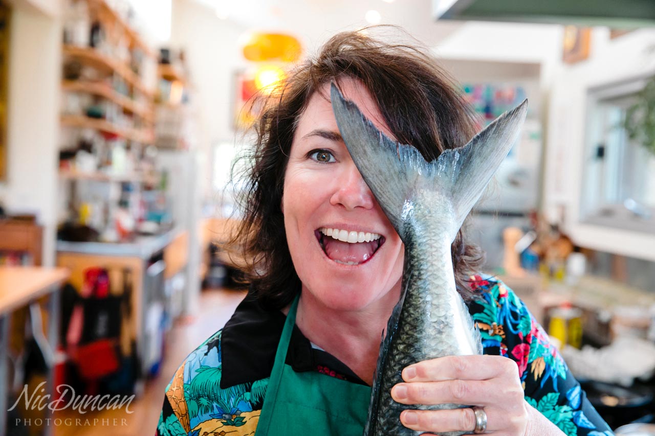 TV celebrity chef Anna Gare with a fresh Australian Salmon.