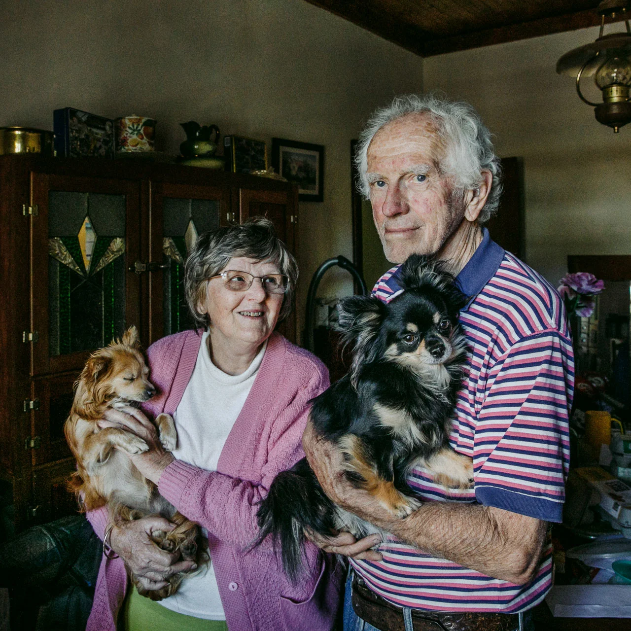Elderly couple at home with their pet dogs