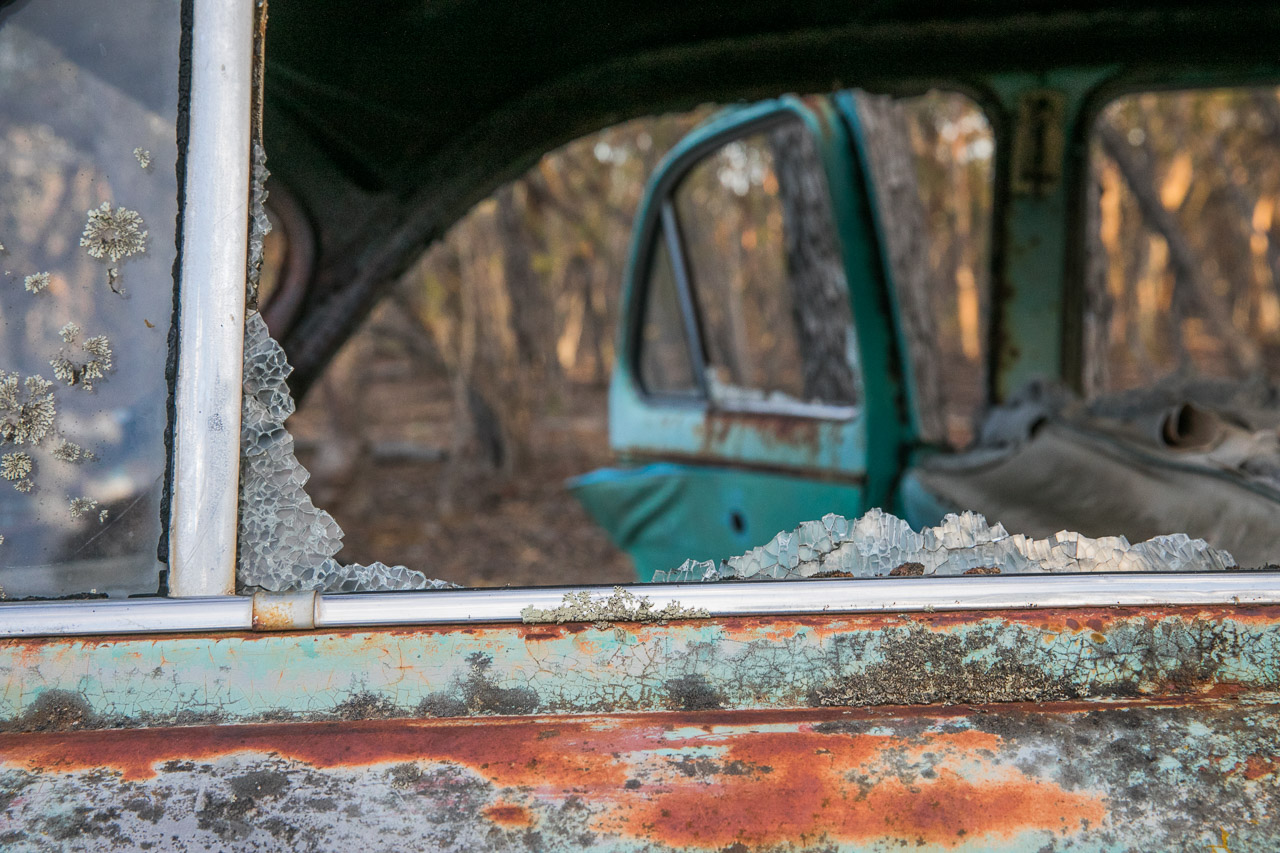 Rusted out old car in the Australian bush with broken windows and smashed glass