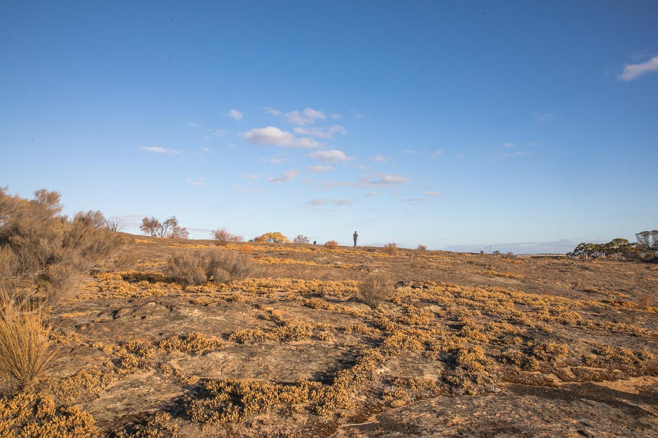 Granite outcrop in WA's wheatbelt with native flora and big blue sky