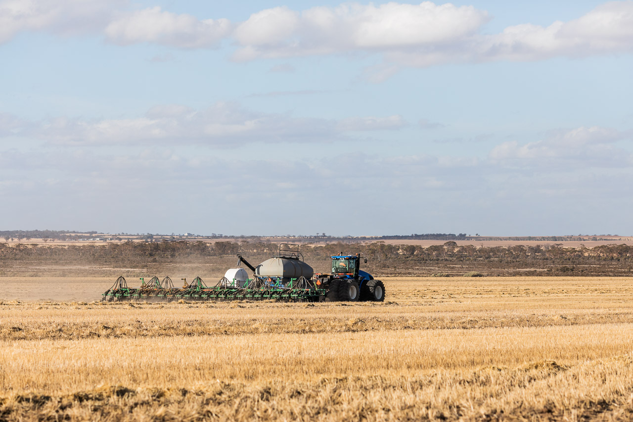 Seeding sheep feed (oats) using the air seeder in Bruce Rock on a broad acre farm