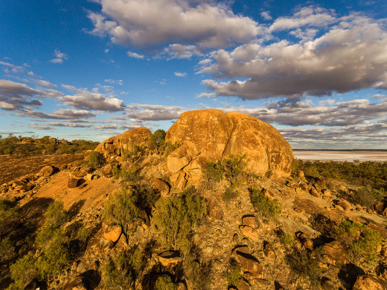 Drone image of Eaglestone Rock and Lake Brown in the Wheatbelt, WA