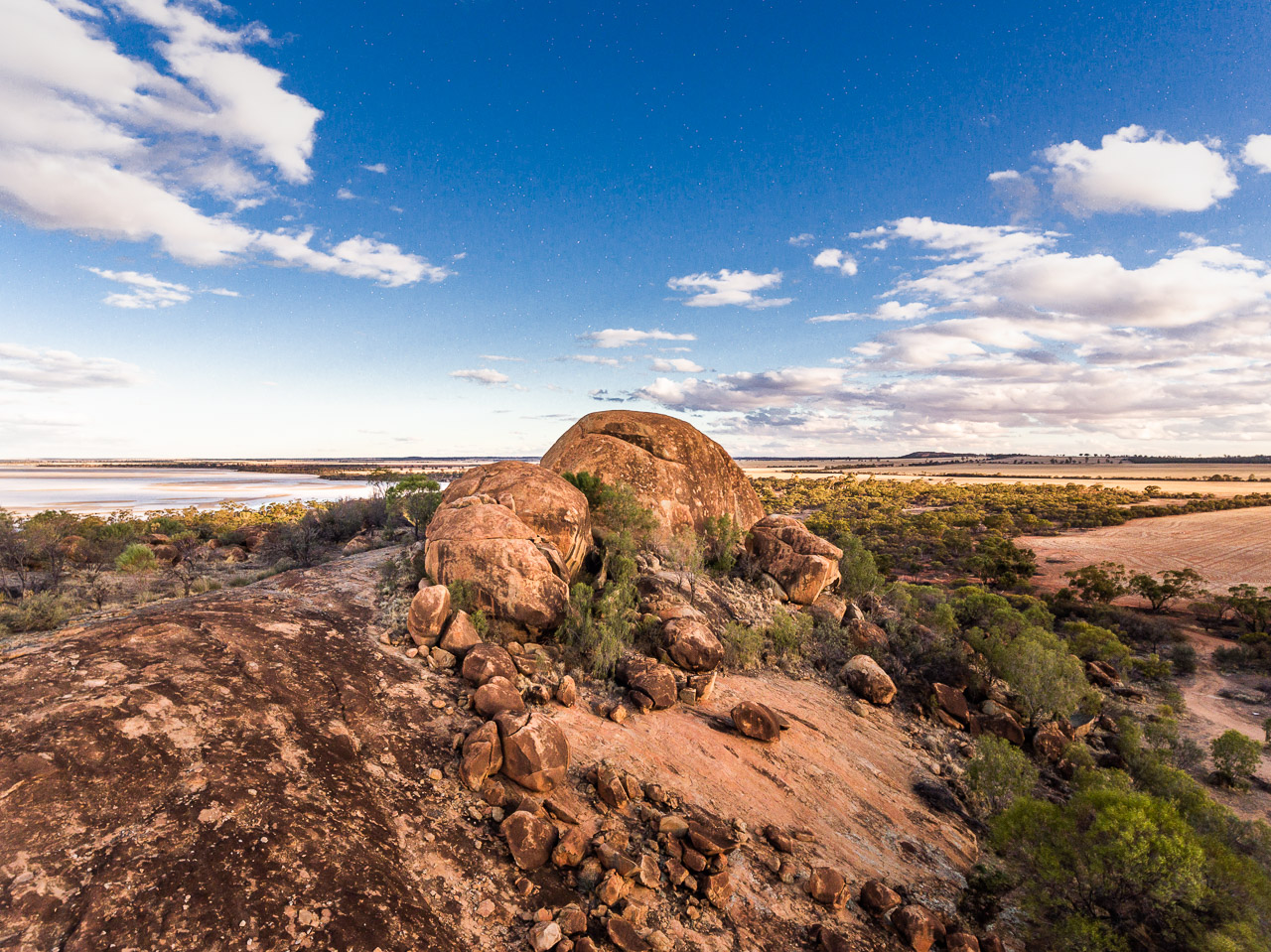 Drone image of Eaglestone Rock, also known as Turtle Rock, and Lake Brown salt lake