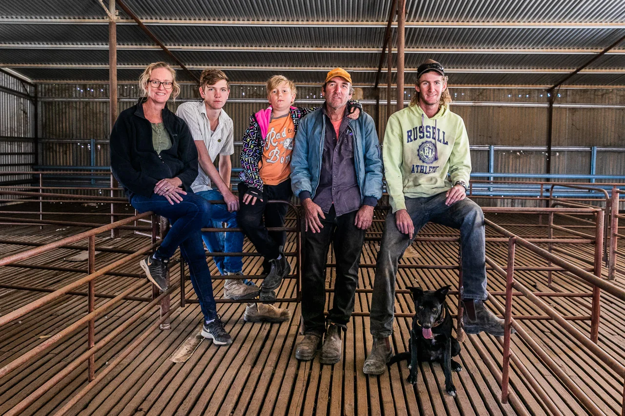 Family portrait in the shearing shed