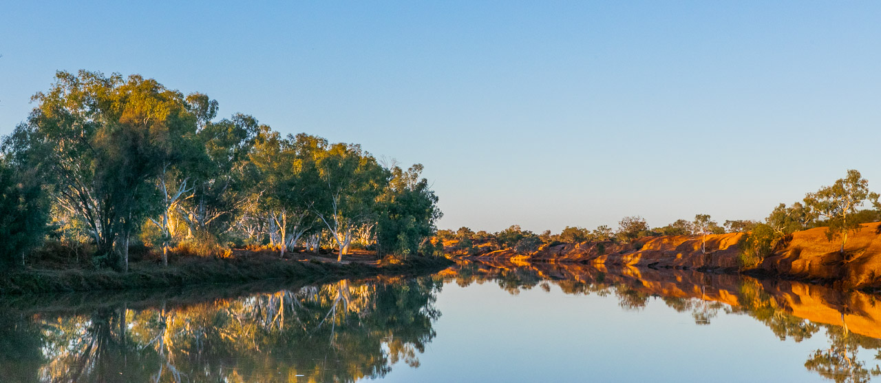 Looking up the Murchison River at the river camp spot at Wooleen Station in Western Australia