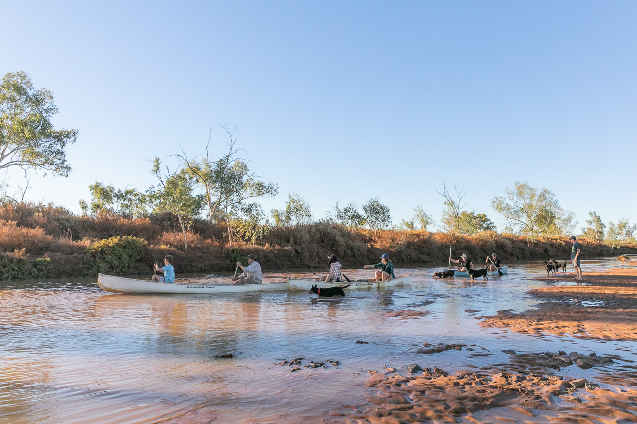 Canoeing on the Murchison River at Wooleen Station after recent rain