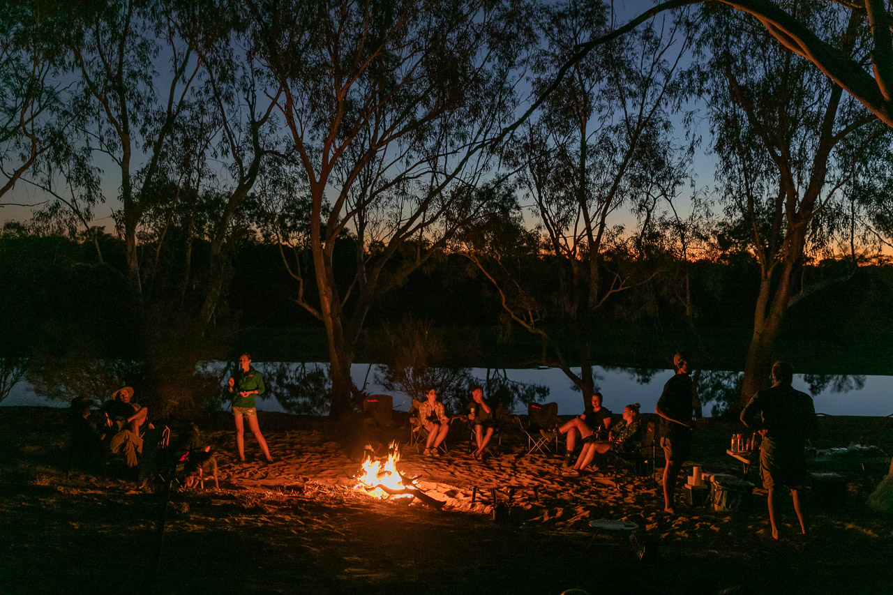 Sitting around the out-camp campfire by the Murchison River at Wooleen Station