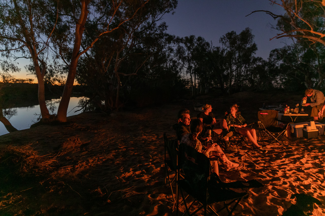 Campfire and sunset by the river at Wooleen Station
