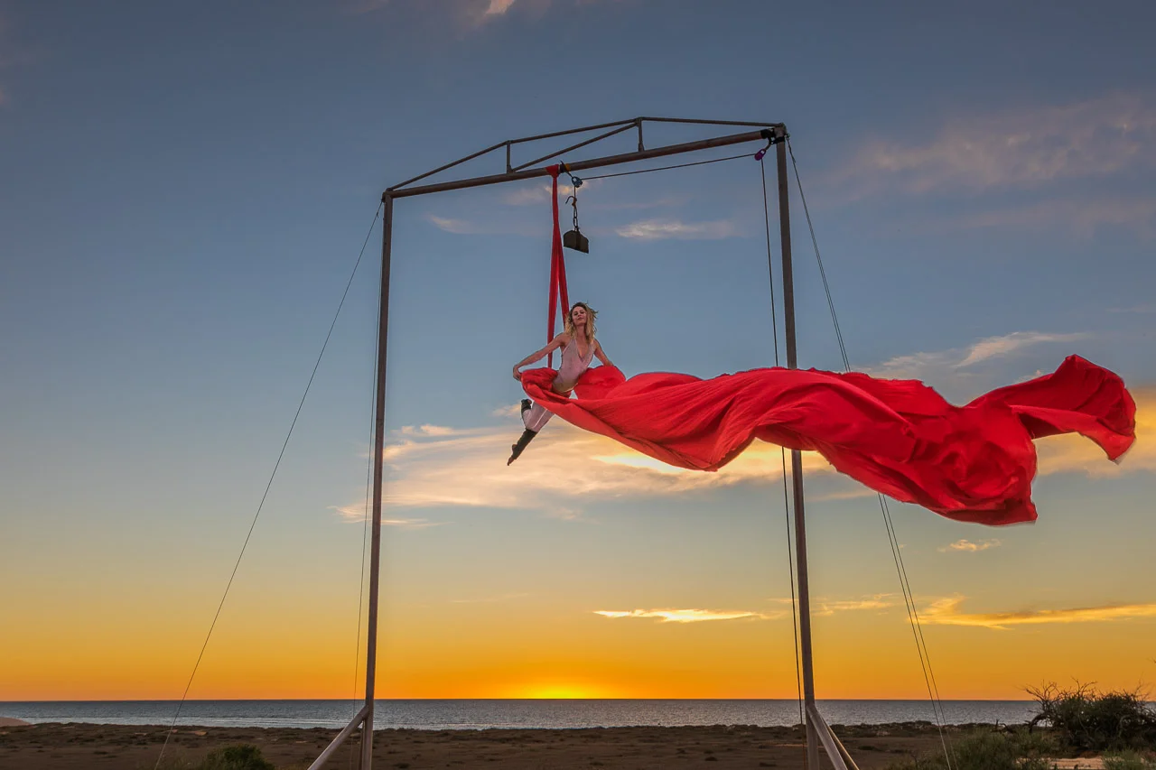 Performer Jade Mills - Gascoyne in May sunset rehearsals at Warroora Station, WA