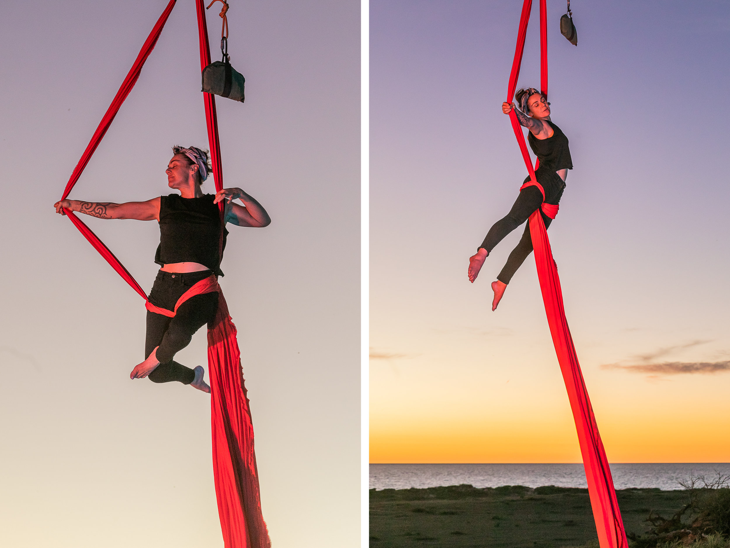 Aerialist performer Theaker von Ziarno rehearsing at Dudley House, Warroora Station at sunset