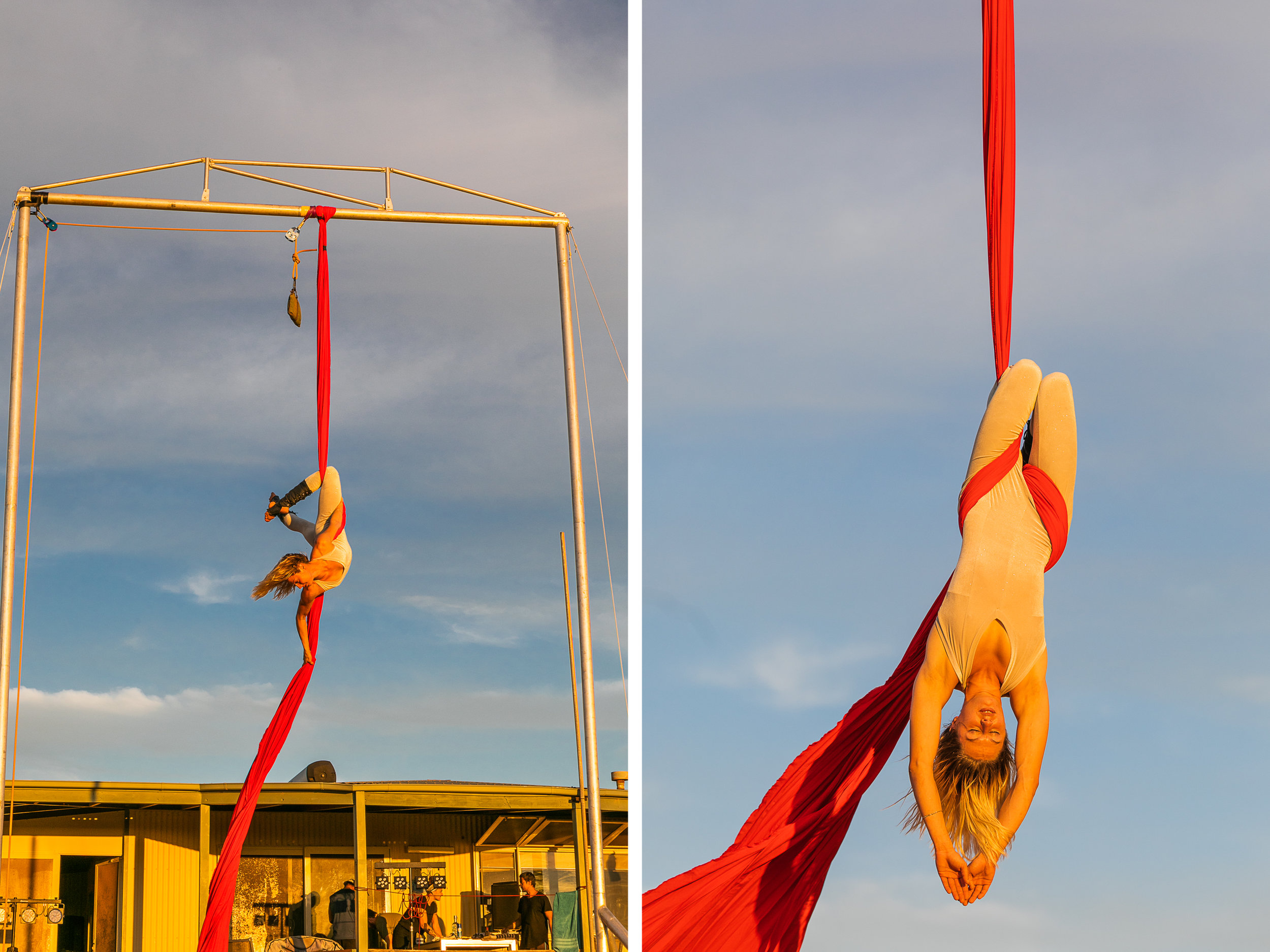 Jade Mills, aerialist, rehearsing at Warroora Station