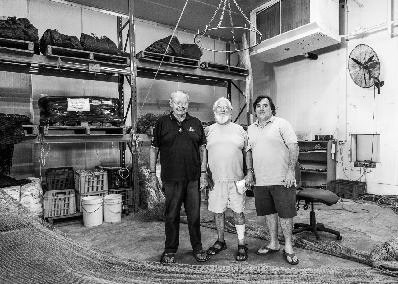 Alex Kailis (right) with two old Kailis prawn boat skippers in Exmouth