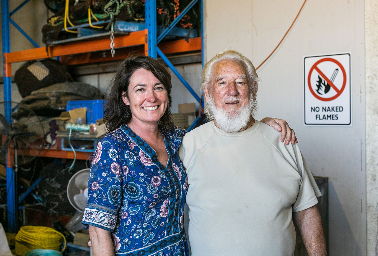 Anna Gare with long-time prawn boat skipper Pancho Ridley at K-Town - the MG Kailis Exmouth Prawns headquarters at Learmonth