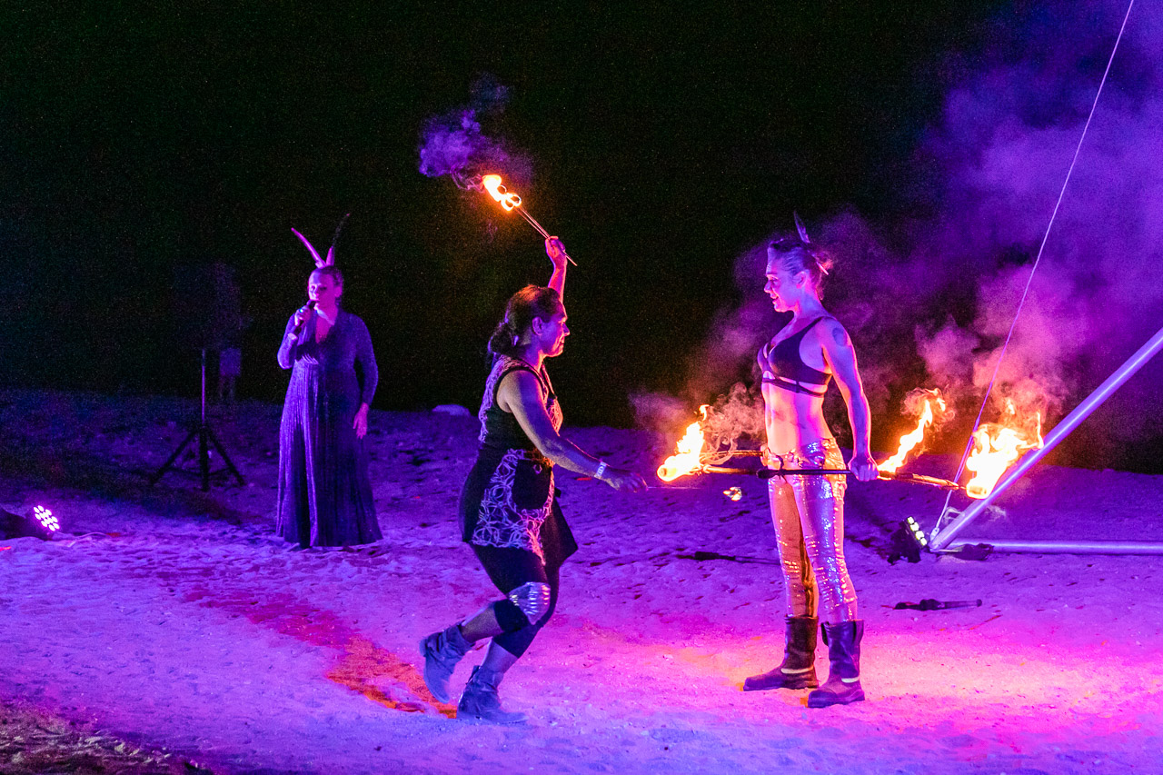 Aria Scarlett, Janine Oxenham and Theaker von Ziarno of Gascoyne in May performing at the Ningaloo Whale Shark Festival