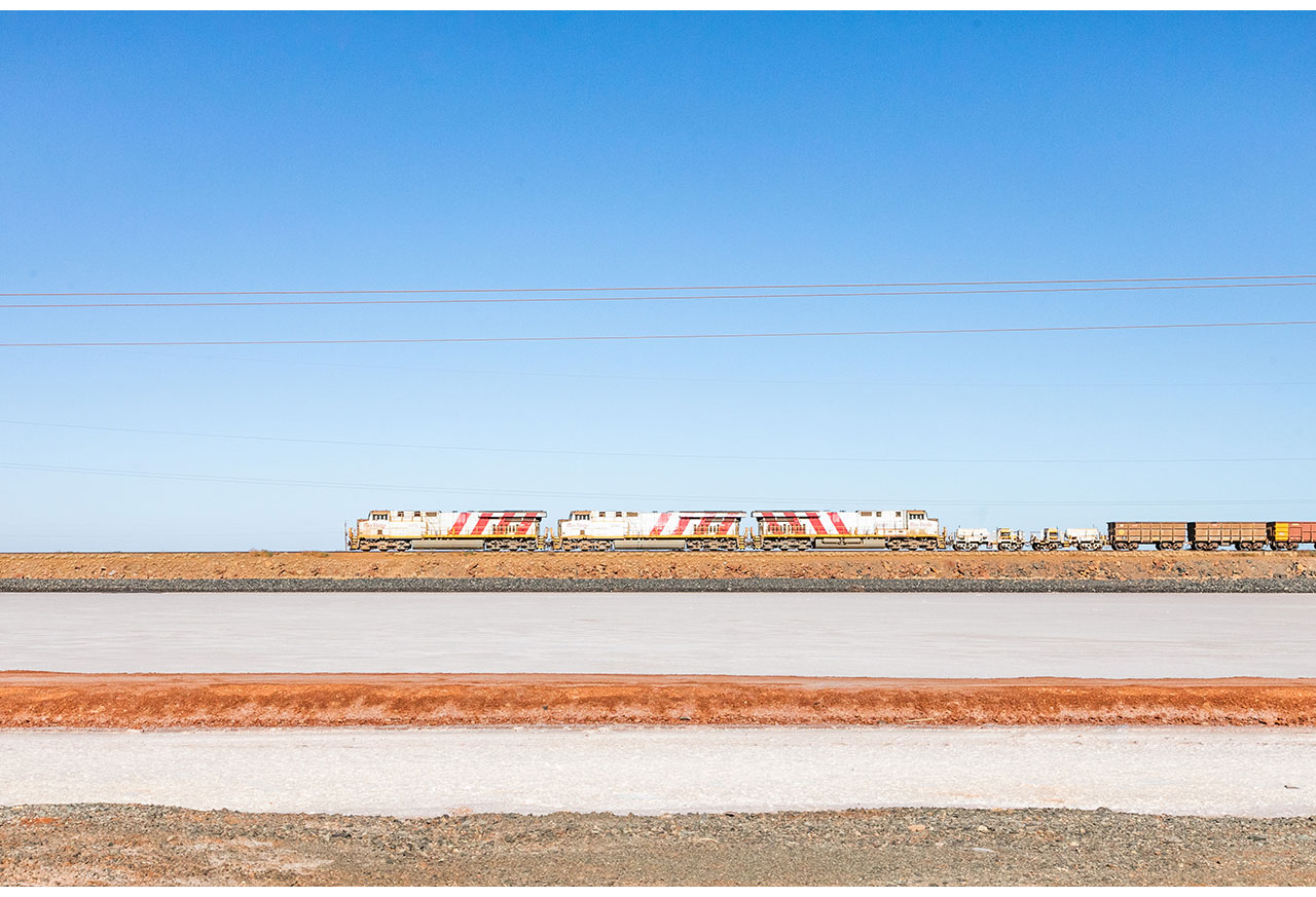 Horizontal and diagonal lines - Rio Tinto train on the causeway near Karratha in WA's Pilbara