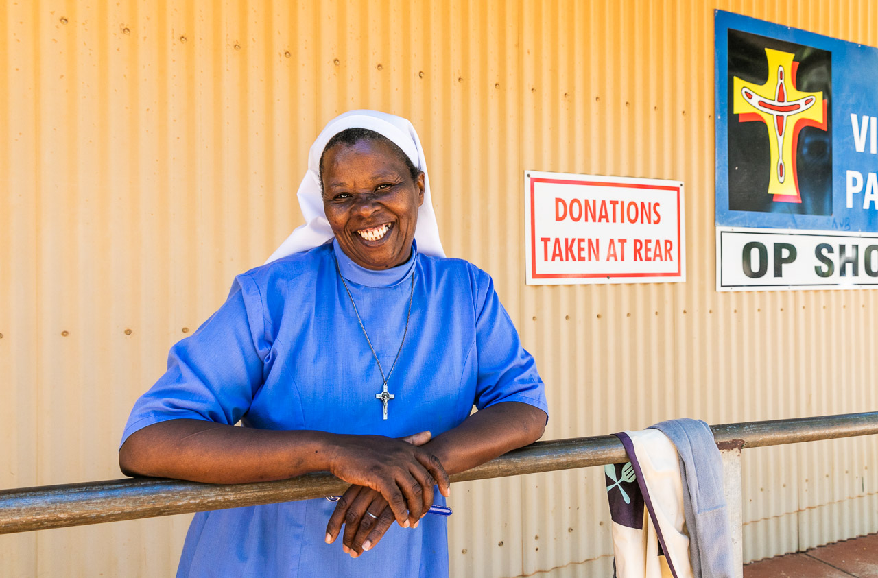 Sister Mary at St Vincent Pallotti Op Shop in Broome