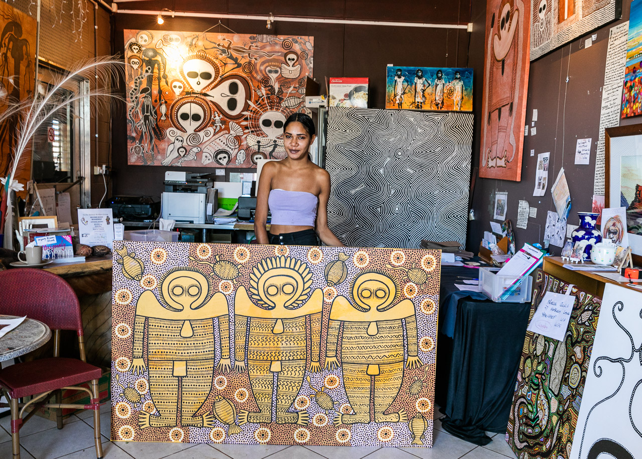 Local Aboriginal artist with her artwork in the Norval Gallery in Derby
