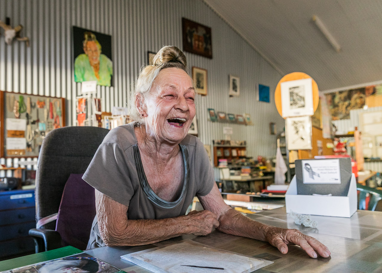 Always ready to laugh, Pixie in her Tin Shed in Wyndham in the far north Kimberley region of WA